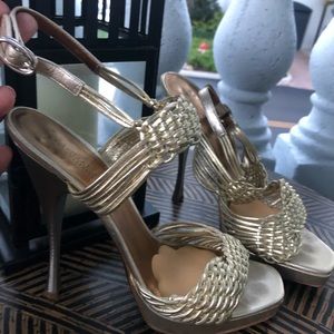 Donna Karan Collection Gold basketweave heels.